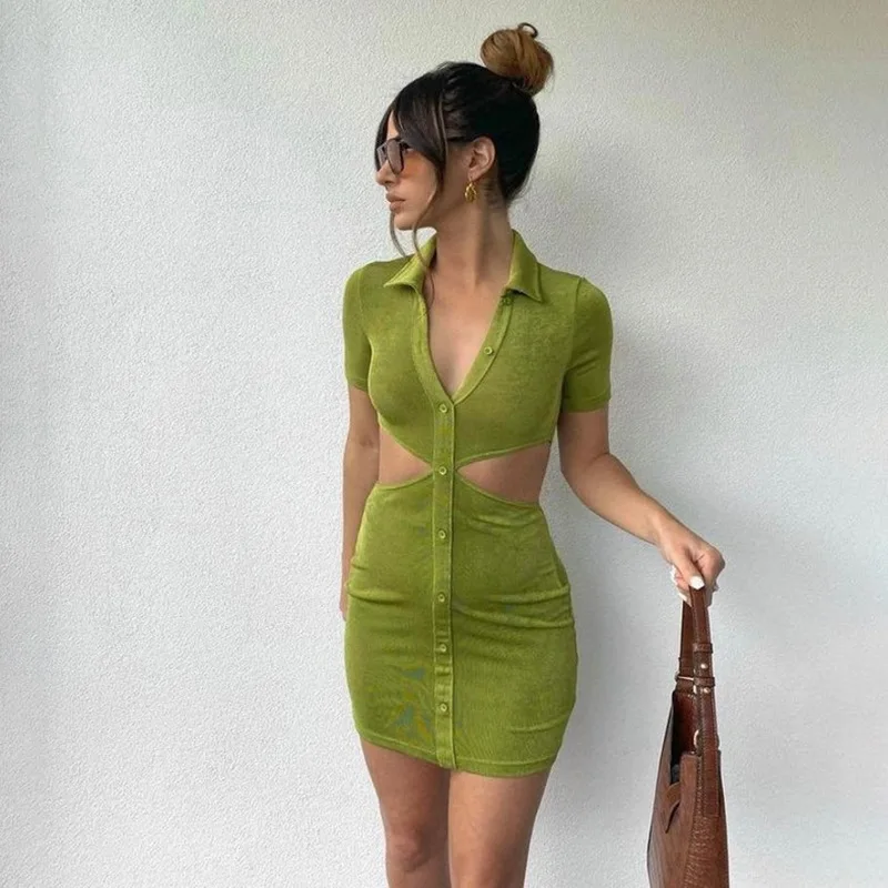 

Pleated Turn-Down Collar Button Blouse Hollow Dress Women Sexy Short Sleeve Mini Dresses Solid Streetwear Female Shirt Vestidos