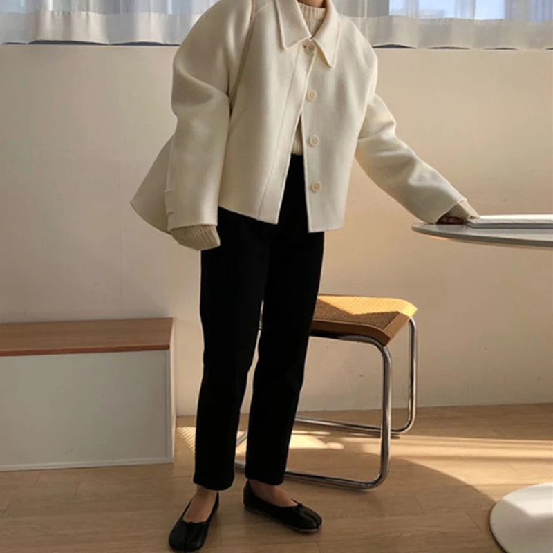 

Autumn Winter 2020 Women's Blends Korean Style Turn-Down Collar Solid Beige/Grey Warm Coat Female Elegant Long Sleeve Outerwear