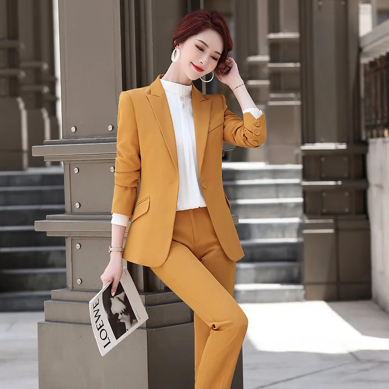 

Fashion Pant Suits for Women 2 Pieces Set Office Lady Business Work Uniform Notched Blazer Jacket Pants Trousers 2021 Clothes