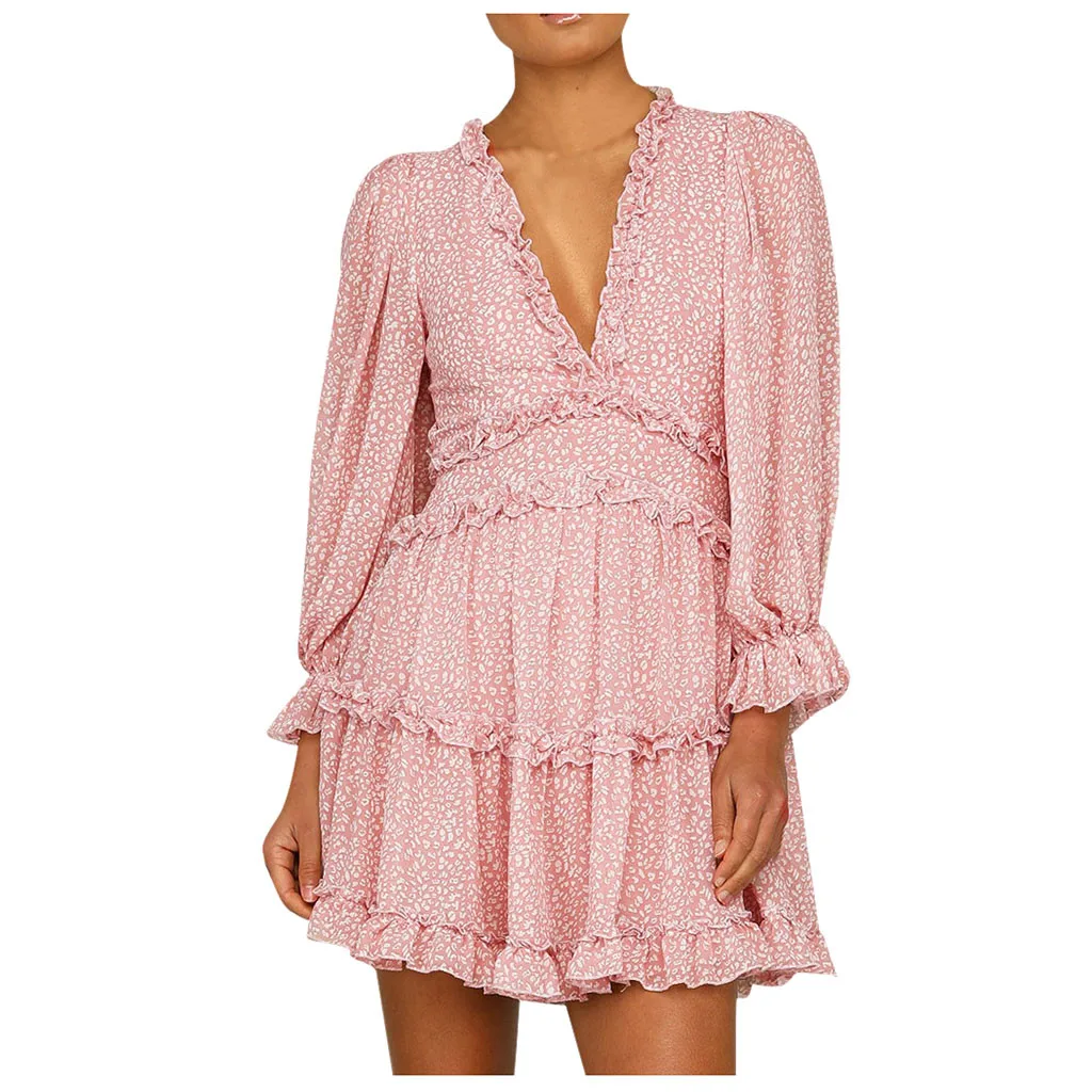 Женское шифоновое платье с оборками длинным рукавом и глубоким V образным