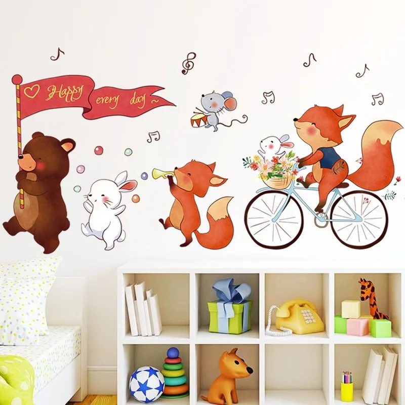 

Cartoon Animal Band Wall Stickers for Kids Rooms DecorCute Bear Fox Bedroom Decor Decals for Furniture Kindergarten Wallpapers