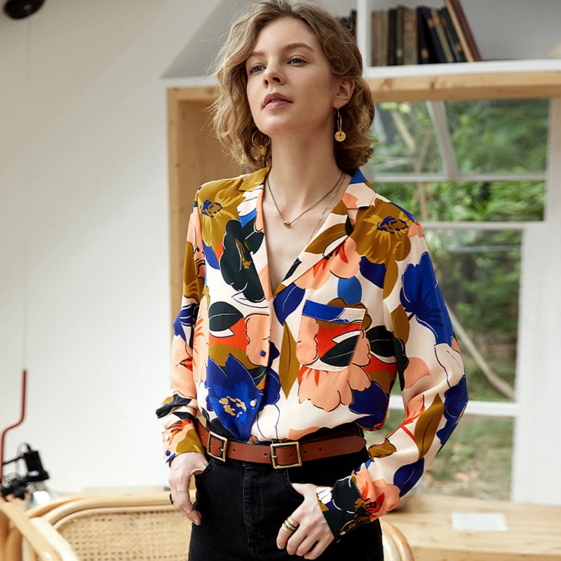 100% Silk Blouse Women Shirt Casual Style Floral Printed Turn Down Neck Long Sleeves Pocket Elegant Style Tops New Fashion