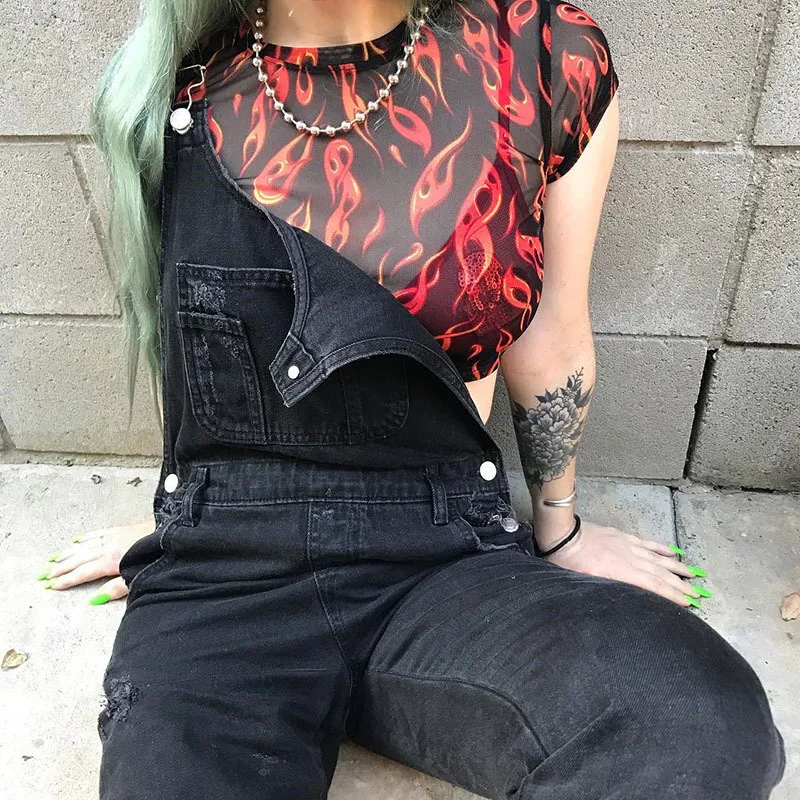 Футболка женская сетчатая с принтом пламени пикантный прозрачный топ коротким