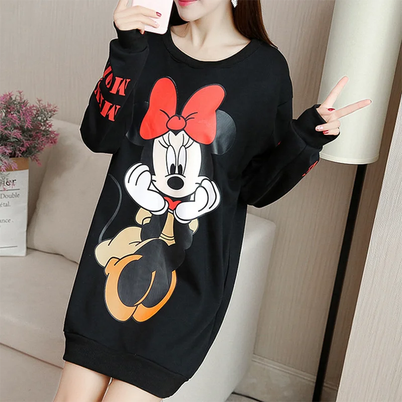 New Disney Minnie Mouse Long Sleeve Dress Cartoon Print Womenswear Plus Size Femme Robes Casual Loose Women Short Vestidos | Женская