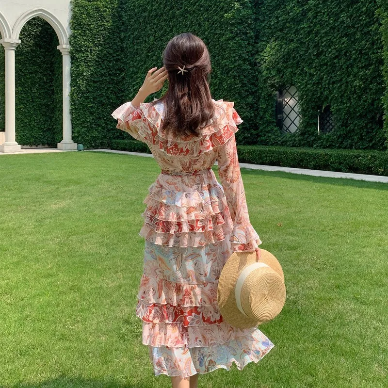 

French Dress 2021 Spring and Autumn New High Neck Ruffled Cake Long-Sleeved Chiffon Dress Single-Breasted Printed Cake Dress New