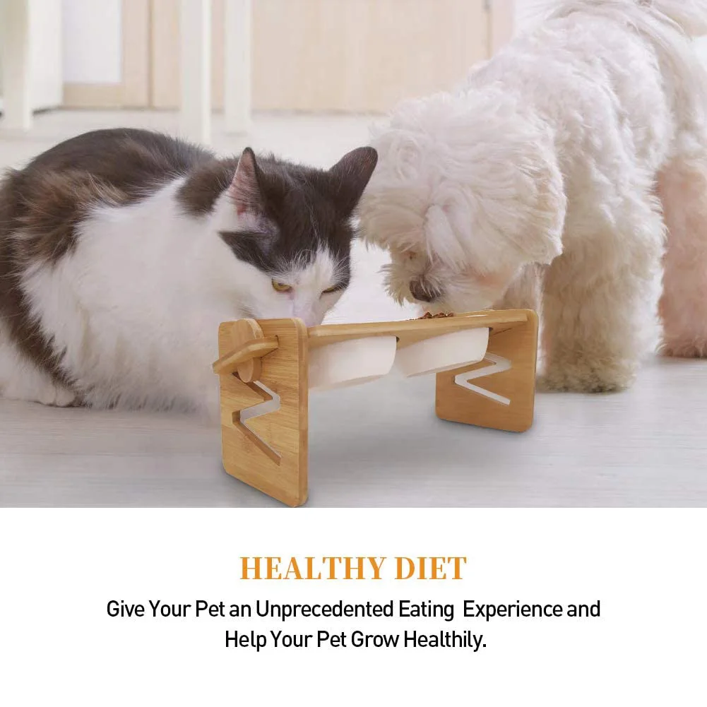

Pet Dog Bowls Elevated Heights Adjustable Bamboo Food and Water Dishes Wooden Stand Puppy Pet Cat Neck Care Raise Stand Bowl