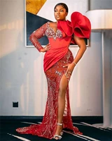 luxury red african mermaid evening dresses beading appliques aso ebi party gowns wedding dresss sheer neck vestidos de gala