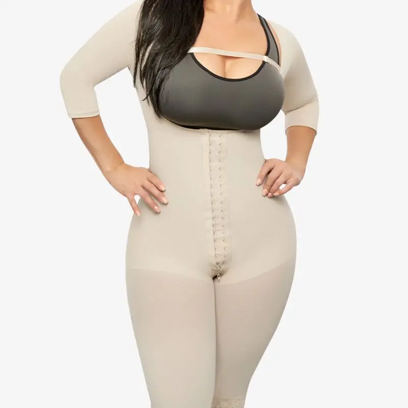 

Women's Corset Waist Trainer Hook Eye Shapewear Bodysuit With Sleeves Knee Length Compression Garment With Removable Strap
