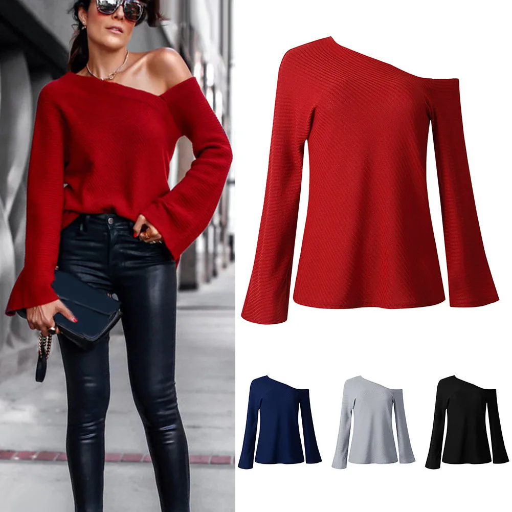 Женский Осенний вязаный свитер с широкими расклешенными рукавами однотонные