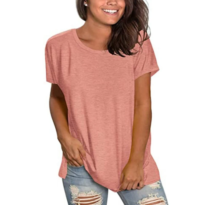 

Summer Womens T-Shirt Solid Color Round Neck Loose Casual Comfortable Sports Short-Sleeved Shirts .