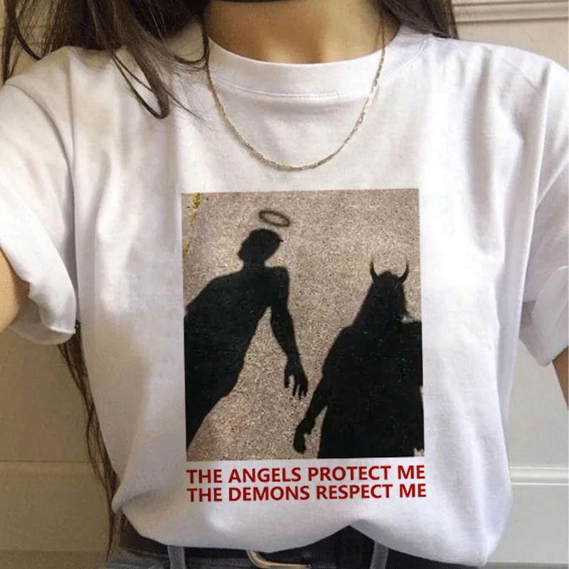 Топы в стиле Харадзюку женская футболка с принтом ангелов защитите меня демонов