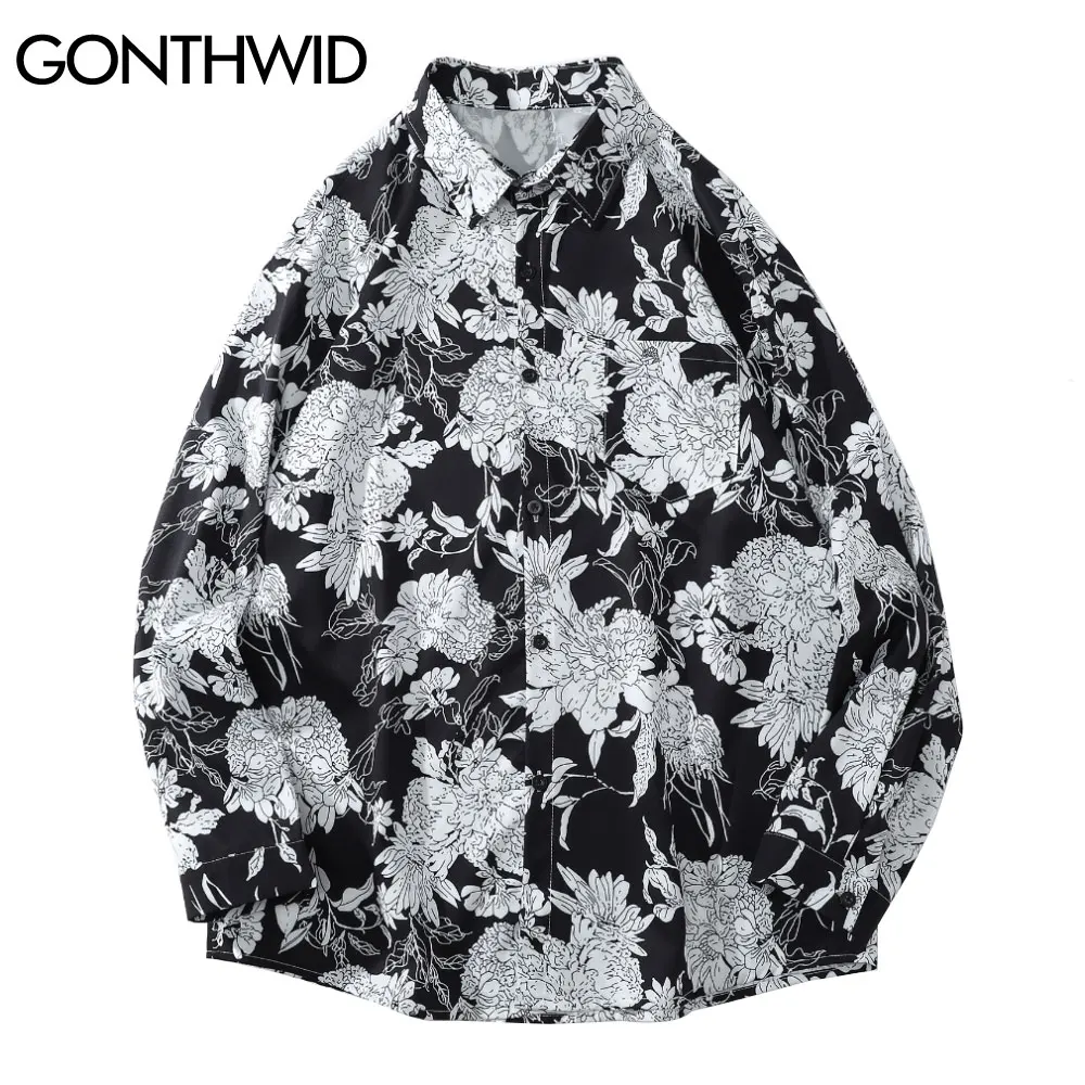 

GONTHWID Long Sleeve Shirts Hip Hop Flowers Floral Print Long Sleeve Shirt Streetwear Hip Hop Harajuku Casual Loose Blouse Tops