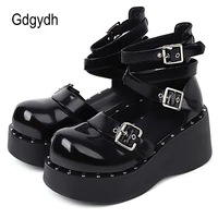 gdgydh dark gothic shoes platform pumps women belt buckle ankle strap metal decoration wedge heel female footwear gothicgirls