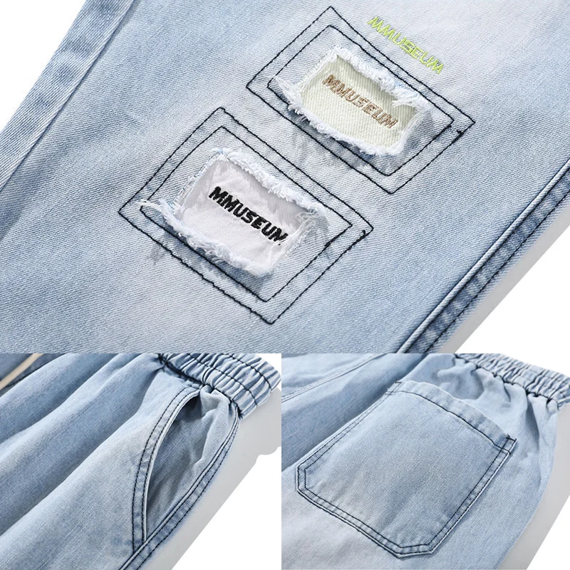 

Men's Ripped Jeans Sky Blue High Street Casual Drawstring Denim Pants Vintage Trousers Sweatpants Loose Elastic Homens Jeans