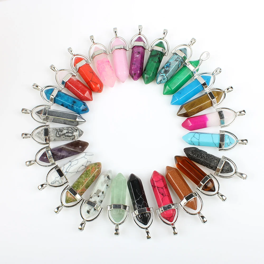 

5pcs/Bag Natural Gem Stone Colorful Hexagonal Column Alloy Pendant Bullet Head Men Necklace Pendant Woman Jewelry New Year Gifts