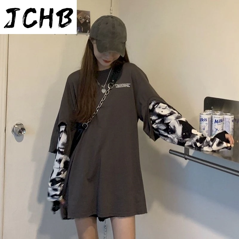 

2021 Punk Goth Clothes Tshirt Women t Shirt Printed Fake Two-piece Long-sleeved Top Student Autumn Korean Style T-shirt Trend To