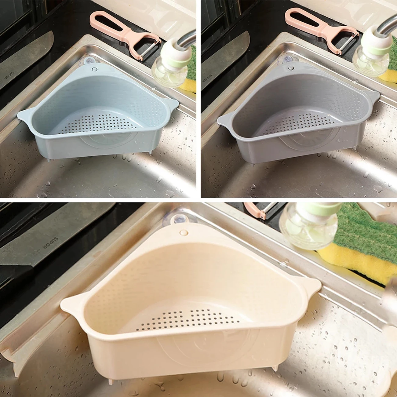 

Portable Kitchen Triangular Sink Filter Strainer Drain Vegetable Fruit Drainer Basket Suction Cup Holder Storage Rack