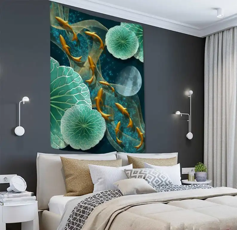 Koi Fish в лотосном пруду Классический гобелен искусство Настенная подвеска