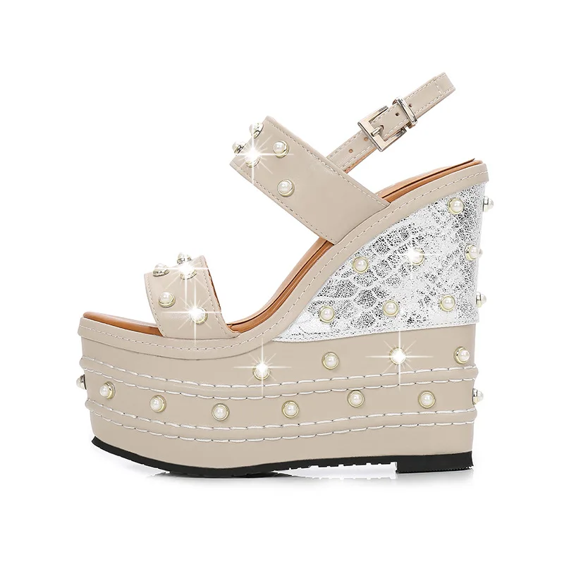 

Super high heeled sandals women 2021 New Pearl slope heel waterproof platform show versatile small thick bottom muffin shoes