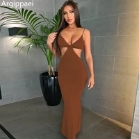solid rib knit ankle length long dress women fashion sexy hollow out v neck low chest new party vacation dresses