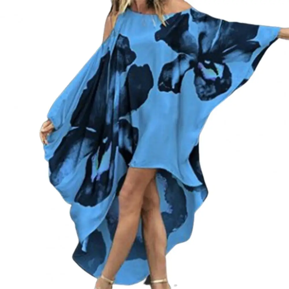 

80% Dropshipping!Women's Irregular Hem Bat Sleeve Off Shoulder Floral Print Beach Skirt Swimsuit Cover Summer 2021