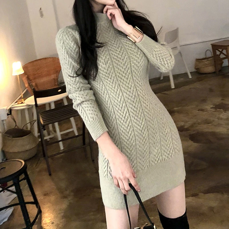 GALCAUR минималистичные белые корейские платья женские длинные рукава водолазка