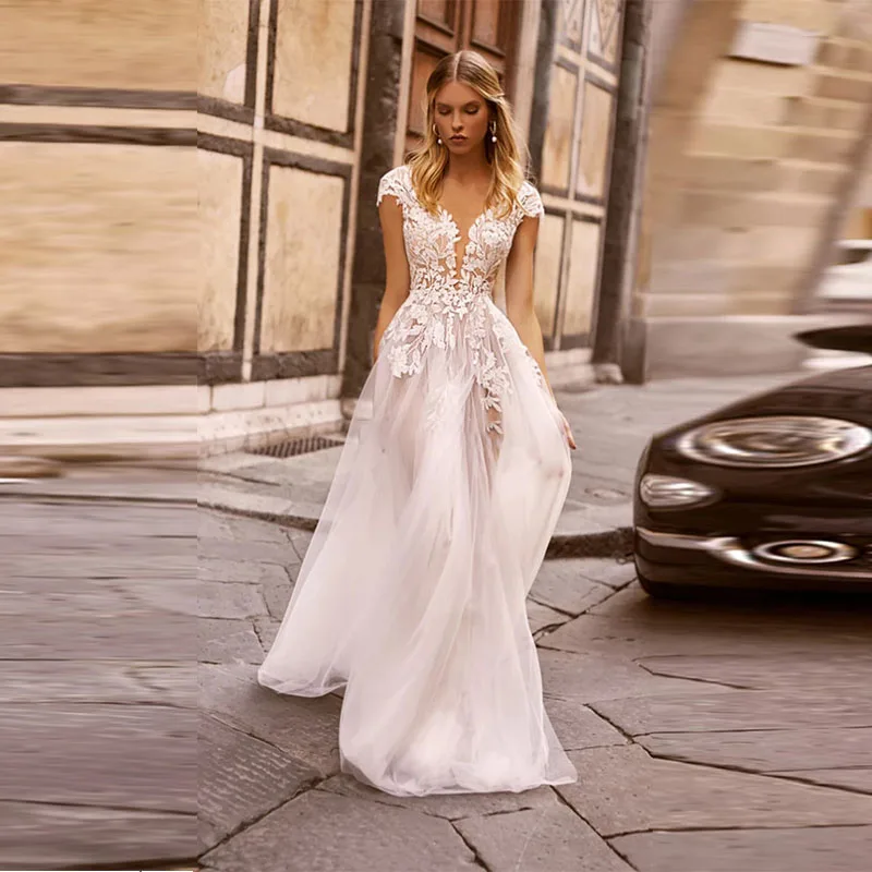 

Charming Wedding Dress White V-Neck Floor-Length Lace Sleeveless Backless A-LINE Wedding Party De Fiesta Robe De Soiree