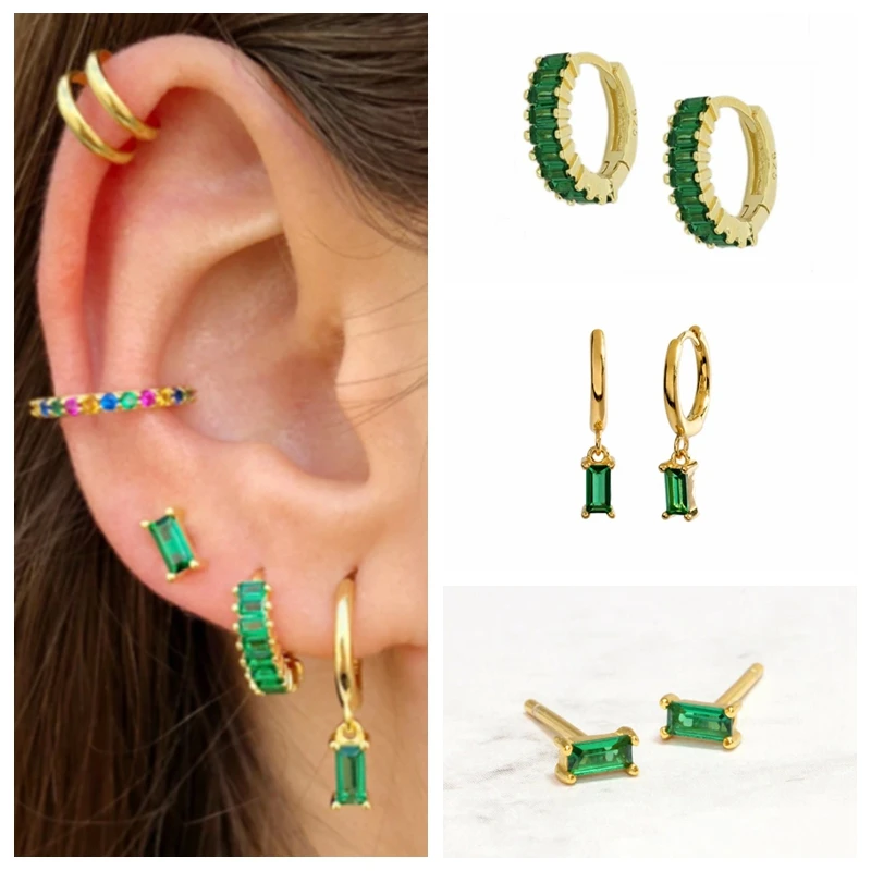 Женские серьги из стерлингового серебра 100% пробы с фианитом зеленые микро паве