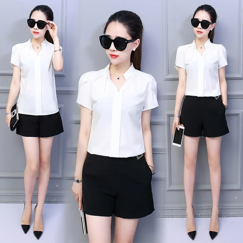 

Women New Fashion Shirts Female Short Sleeve Blouse New Fashion Solid Color Bodycon Leisure Chiffon Blouses Tops