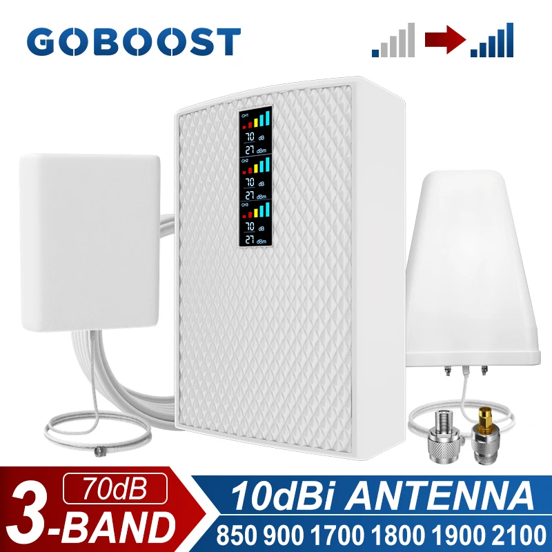 GOBOOST 3-Band Signal Booster 70dB 2G+3G+4G Cellular Amplifier 850 900 1700 1800 1900 2100 MHz Repeater With High Gain Antenna