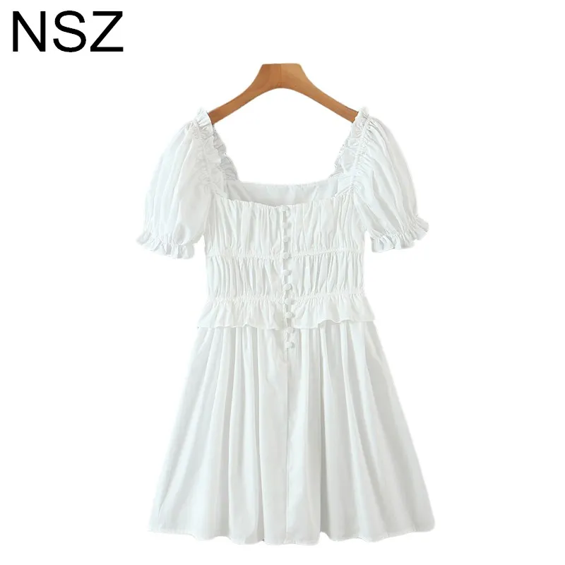 

NSZ Women's White Cotton Summer Dress Puff Sleeve Ruffles Elegant Chic Mini Short Dress