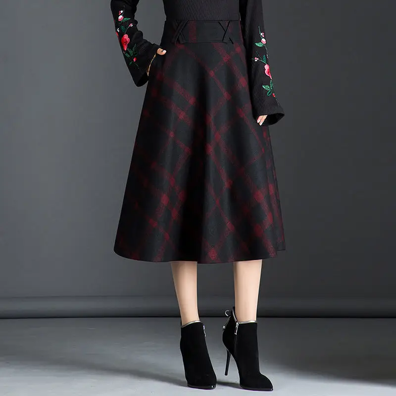 Англия Стиль Черный Красный клетчатая высокая талия миди юбки шерстяные плюс