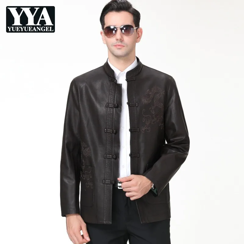 

Vintage Mens Stand Collar Embroidery Pu Leather Jacket Casual Tops Outwear Man Retro Autumn Single Breasted Faux Leather Coat