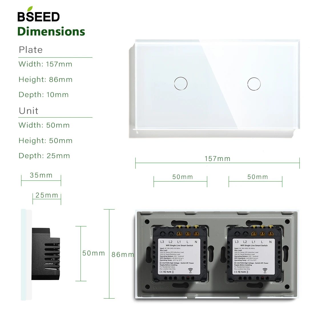 BSEED EU Standard Single Live Line Wifi Switch White Black Gloden Crystal Glass Panel For Smart Home Work With Tuya Russia | Обустройство