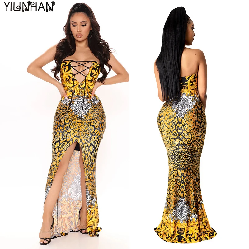 

YILINHAN 2021 New Summer Fashion Print Halter Backless Midi Dress WomenVacation Beach Club Outfits Sexy Casual Bodycon Dresses