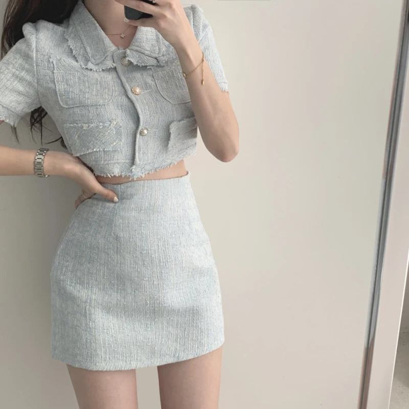 

CBAFU summer two piece set women tweed clothes korea chic single breasted tassel short sleeve tops high waist bodycon skirt N247