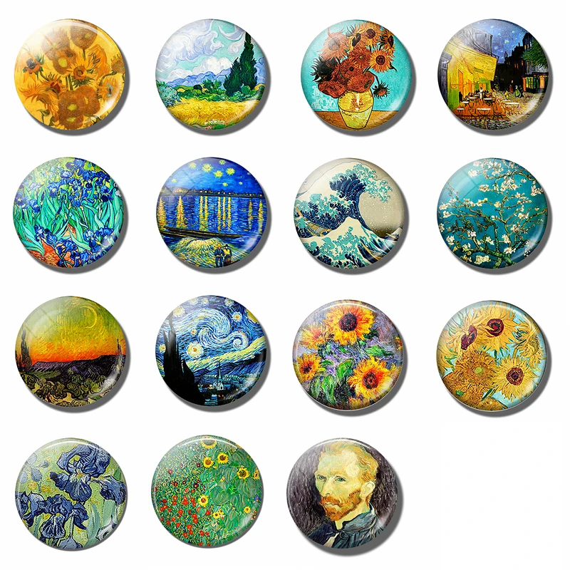 Van Gogh Bracelet Art Oil Paintings Glass Cabochon Jewelry Black Leather Punk Bracelets Starry Night Sky Sunflower Men Gifts | Украшения и