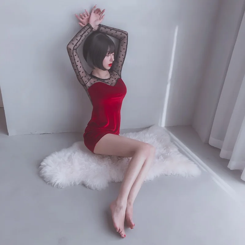 

OTFI Sexy Underwear Bodysuit Hollow Hot Uniform Temptation Suit Sexy Hollow Cheongsam Classic Embroidery Ladies Vintage Velvet