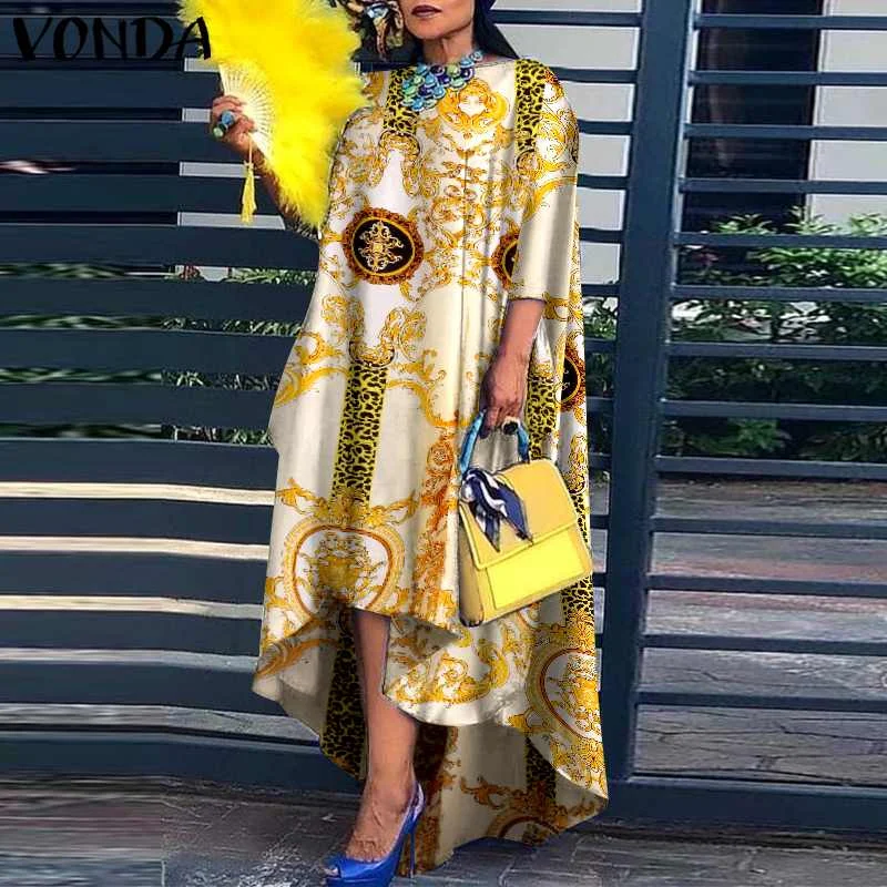 

VONDA Women Dress 2021 Ladies Summer Autumn Irregular Hem Long Dresses Bohemian Vestidos Femme Vintage Printed Beach Sundress