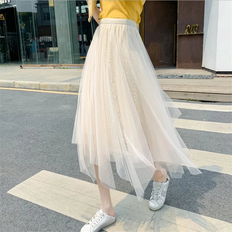 

Юбка женская плиссированная средней длины, Тюлевая сетчатая эластичная юбка-пачка с завышенной талией, в Корейском стиле, весна-лето 2021