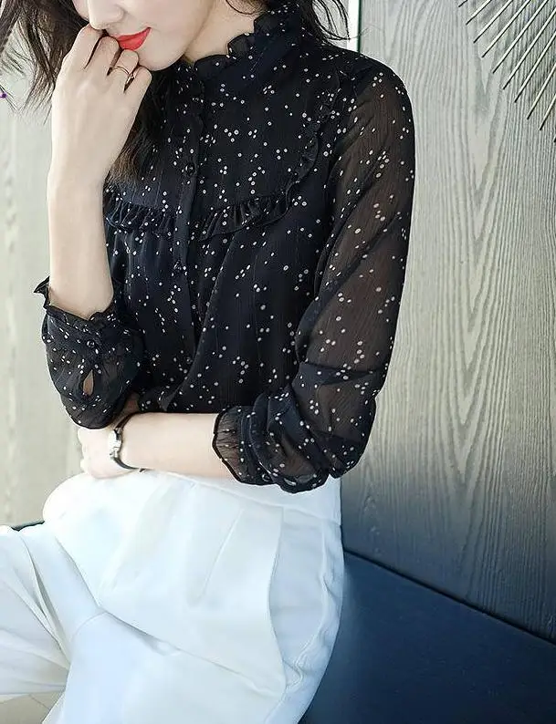 

Fashion Print 2020 Korean Women Tops Single Breasted Dot Casual Blusas Femininas Chffion Flarre Sleeve Roupas Feminina
