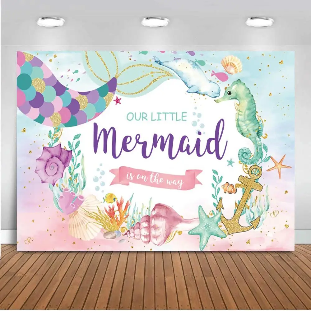 

Beautiful Purple Mint Mermaid Party Backdrops Girls Baby Shower Newborn Birthday Party Photography Background Photocall