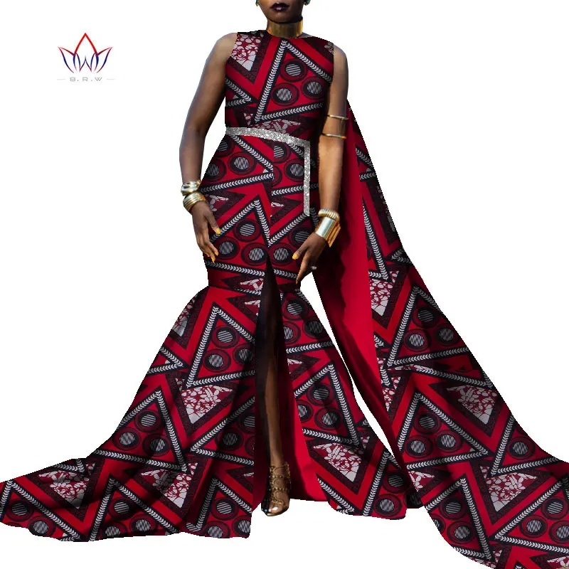 Bintarealwax Sleeveless Party Dress Dashiki Elegant Africa Style Clothing for Women Plus Size Floor- Length Dresses WY8794