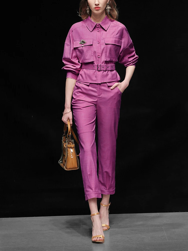 2020 женские брюки наборы повседневные одноцветные элегантные с зубчатым