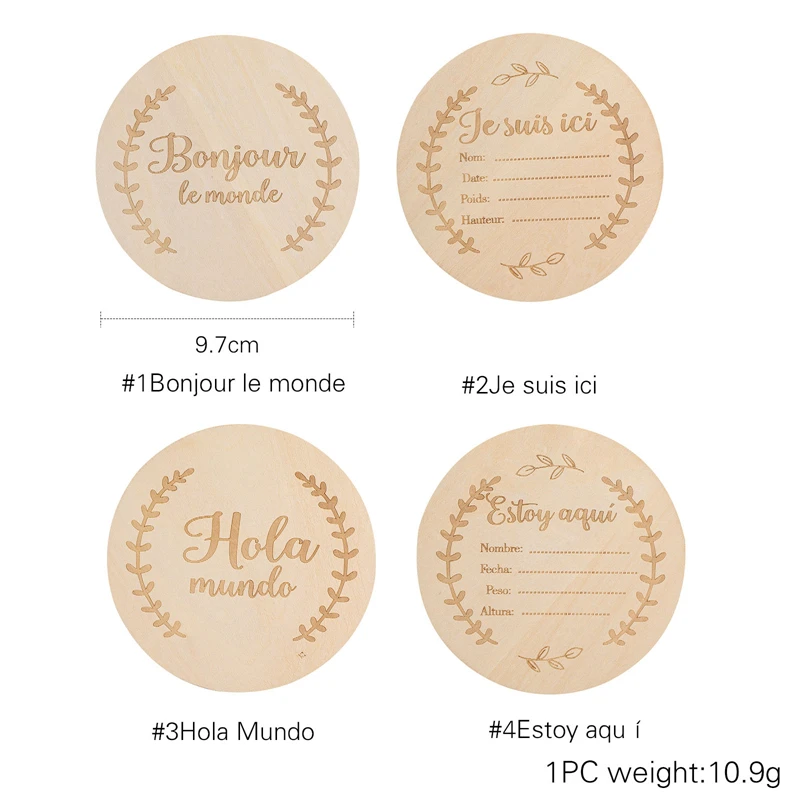Bopoobo Baby Wooden Spanish French Milestone Card Engraved Wooden Hello World Milestone Newborn Children Photography Props Toys