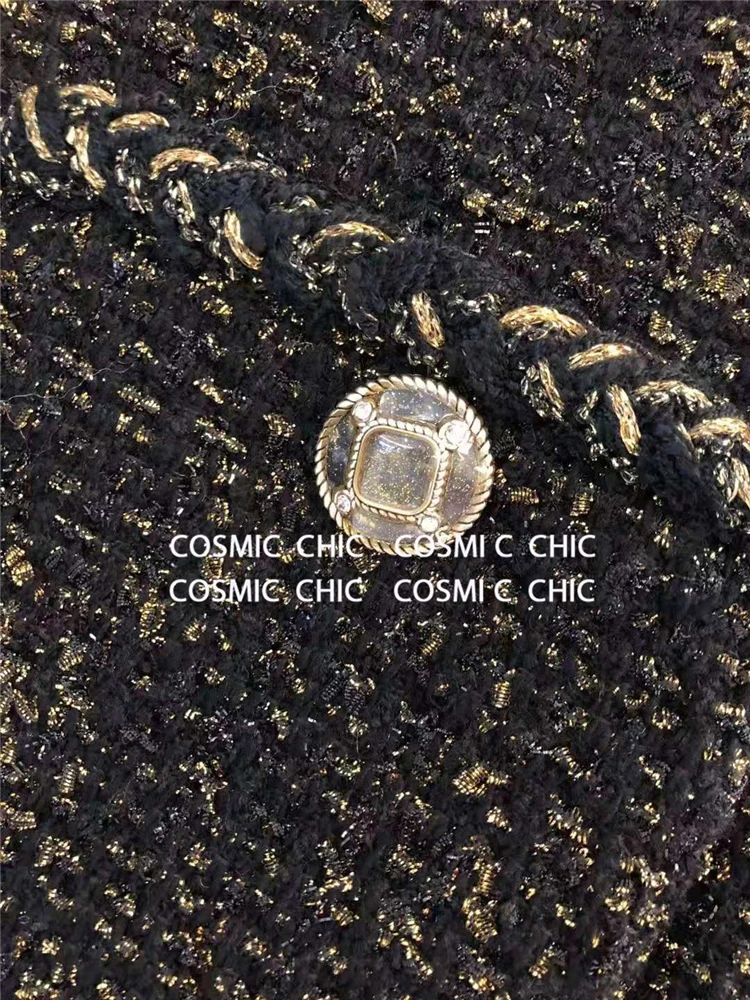 Cosmicchic, женское осеннее Элегантное Черное короткое пальто, роскошная шерстяная твидовая куртка с длинным рукавом, золотая нить, плетение, OL, Женская куртка