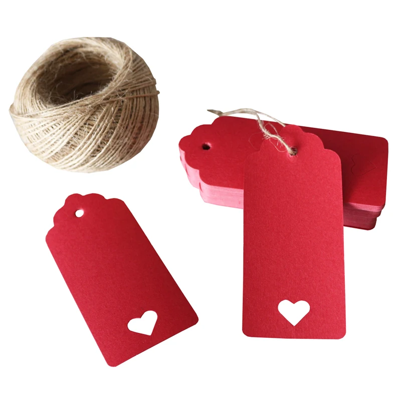 100 шт., бумажные бирки с сердцем и фестонами, 9 х4 см
