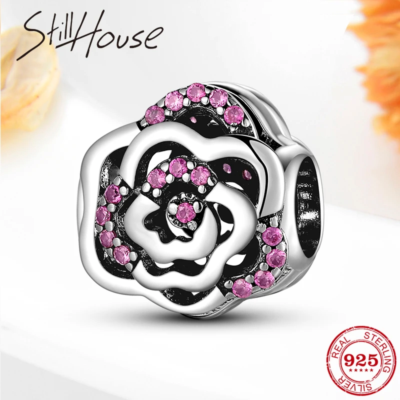 Blooms rose Flower Charms Pink Zircon Round 925 Sterling Silver Beads Fit Original women Bracelet fine Jewelry Gift | Украшения и