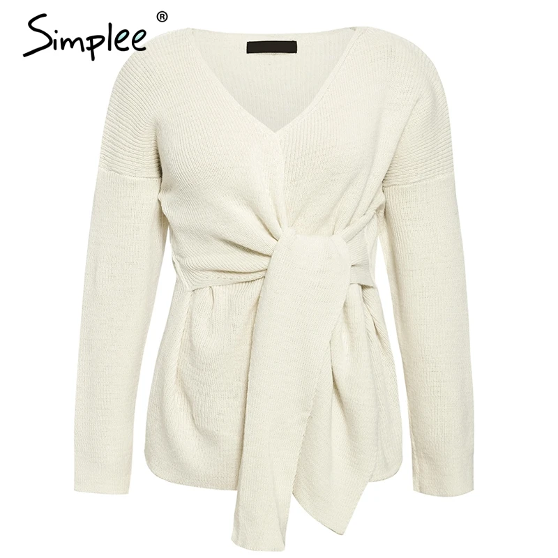 Simplee Casual bow tie plus size women sweater Elegant solid v-neck knitted jumper female Autumn winter pullover 2019 | Женская одежда