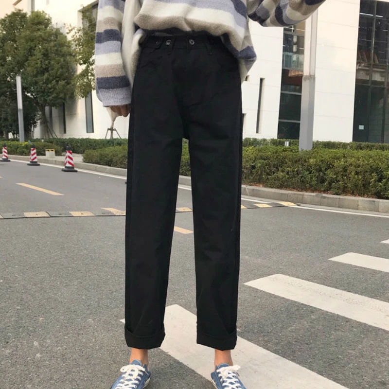

Jeans Women Solid Plus Size 4XL Loose Oversize Chic All-match Friends High Waist Slim Students Straight Denim Trousers Ulzzang